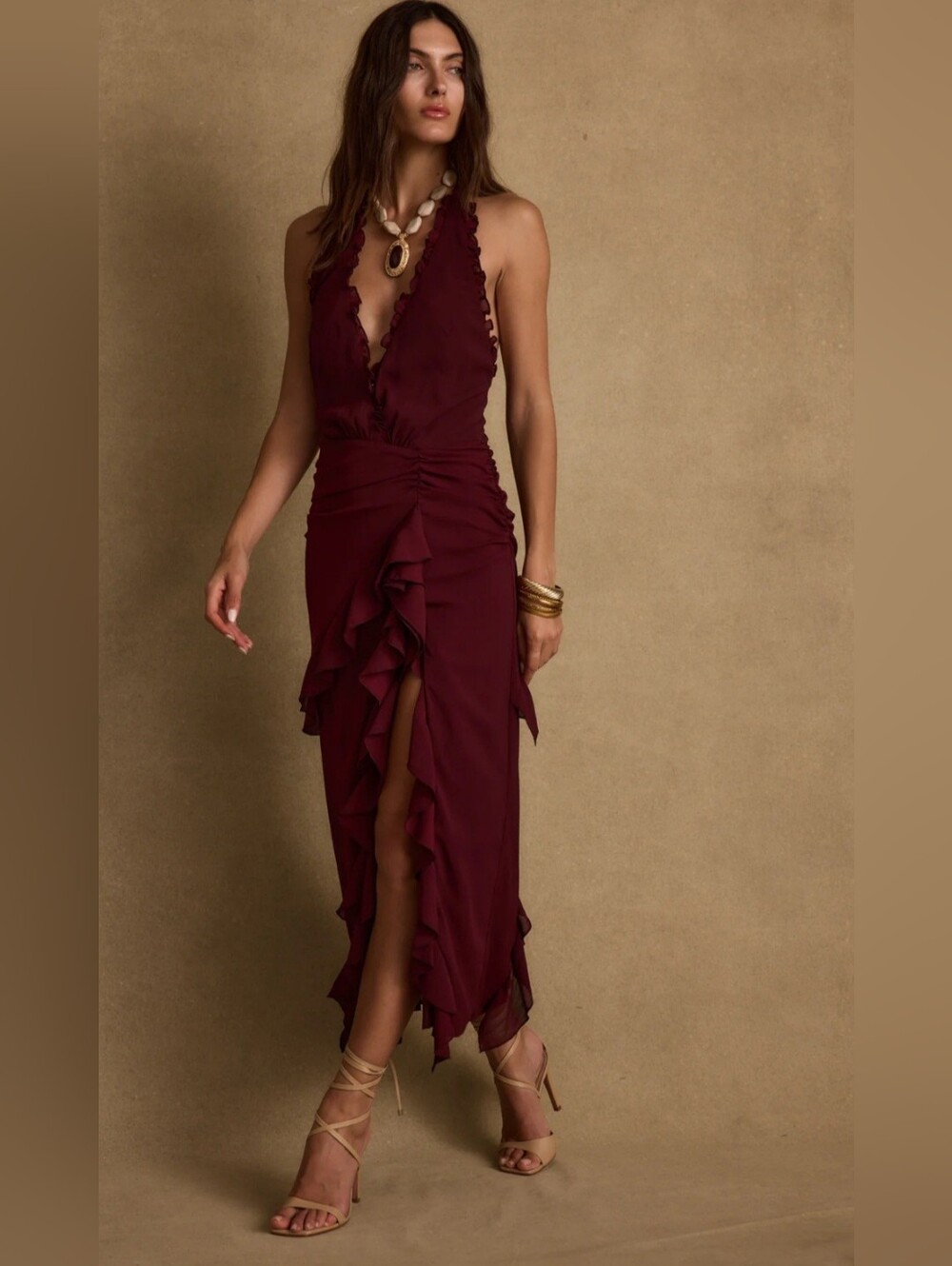 12th Tribe NWT Aria Merlot Halter Ruffle Maxi Dress | Size XL | Open Back - Picture 2 of 10